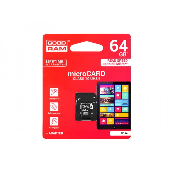 GOODRAM Micro SD 64GB, Class10 UHS + adaptér.