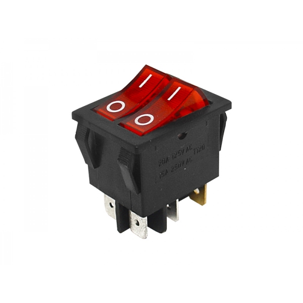 Podsvietený kolískový vypínač ON - OFF 6 pinov, červený.