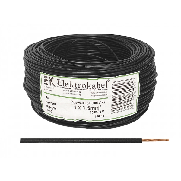Kábel LgY / H07V-K 1x1,5, čierny, 100 m.