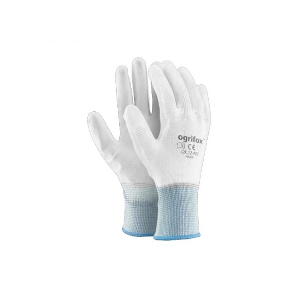 7" polyesterové ochranné rukavice s bielou polyuretánovou vrstvou (12 párov).