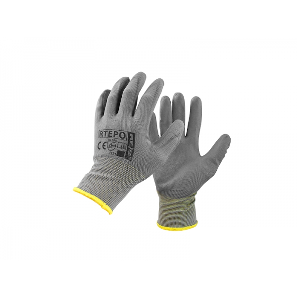 9" polyesterové ochranné rukavice, potiahnuté PU, sivé (12 párov).