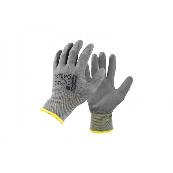 10" polyesterové ochranné rukavice, potiahnuté PU, sivé (12 párov).