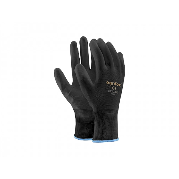 8" polyesterové ochranné rukavice, potiahnuté PU, čierne (12 párov).