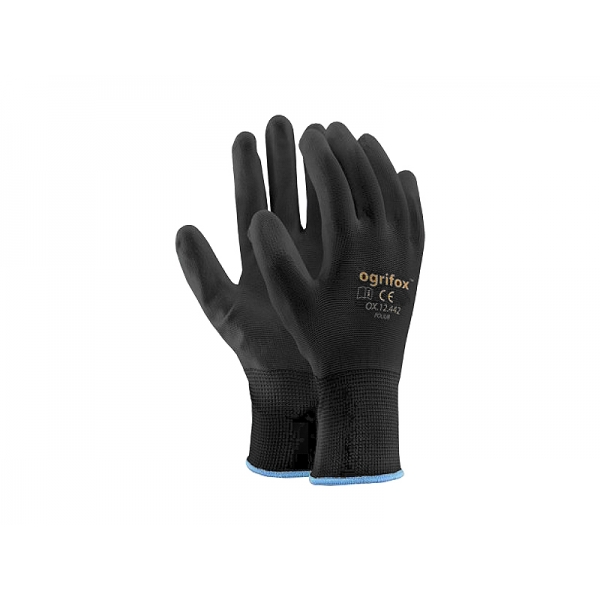 9" polyesterové ochranné rukavice, potiahnuté PU, čierne (12 párov).