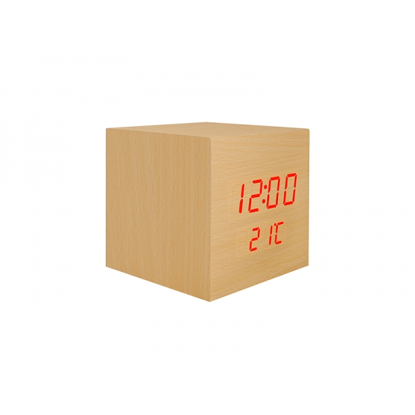 LTC, LED kocka budík s teplomerom, prírodná farba dreva.