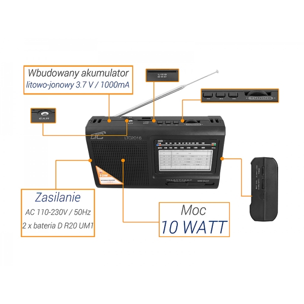 LTC-2016 WILGA USB prenosné rádio so vstavanou nabíjateľnou batériou, ČIERNA.