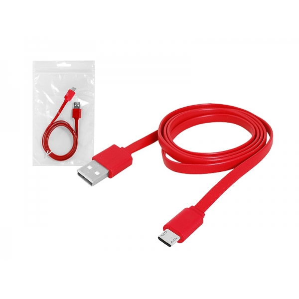 USB kábel - microUSB 1m, plochý, červený.