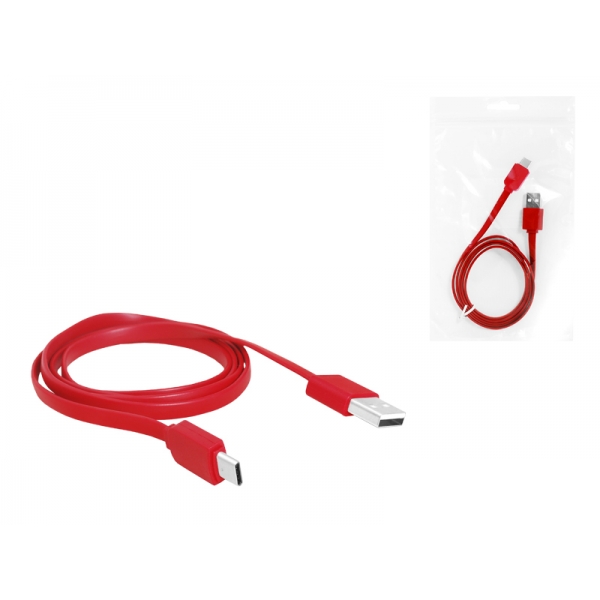 USB kábel - Type-C, 1m, plochý, červený.