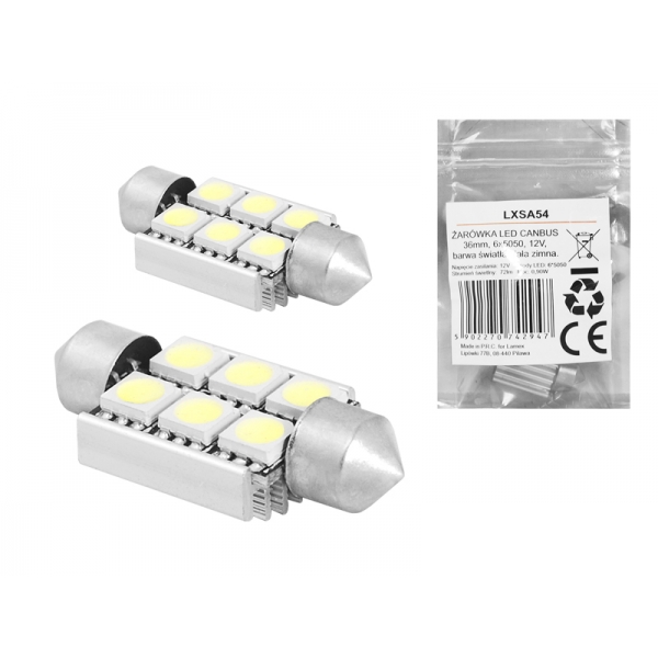 CANBUS LED žiarovka 36mm, 6x5050, 12V, farba svetla studená biela.
