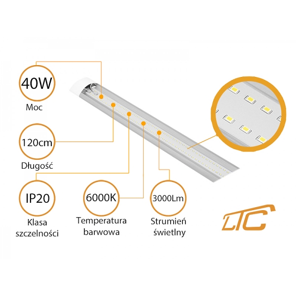 Stropné svietidlo LTC Slim LED 40W, 120cm, IP20, A+, 230V, 6000K, 3000lm.