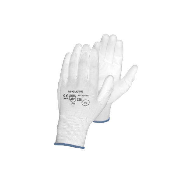 8" polyesterové ochranné rukavice, potiahnuté PU, biele (12 párov).