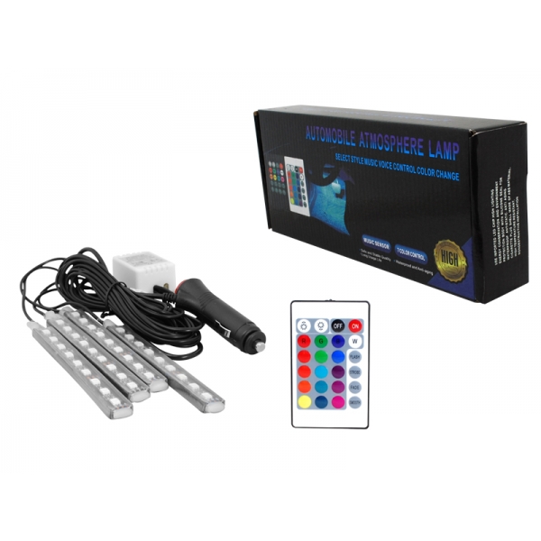 Vnútorné osvetlenie auta / kabíny, 4x RGB pásik 9 LED vodeodolný + ovládač / diaľkové ovládanie / zástrčka do zapaľovača