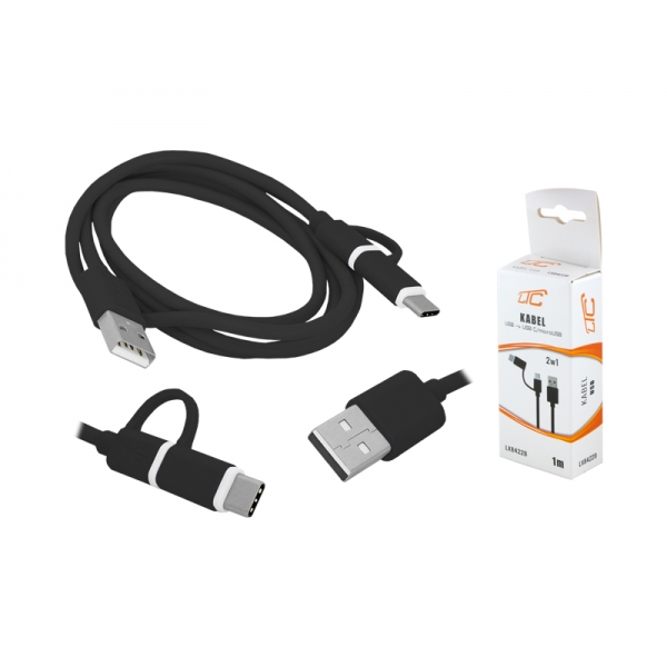 USB kábel - USB Type-C / microUSB 2v1, čierny.