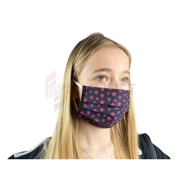 3-vrstvová opakovane použiteľná ochranná maska, čierna s ružovými hviezdičkami