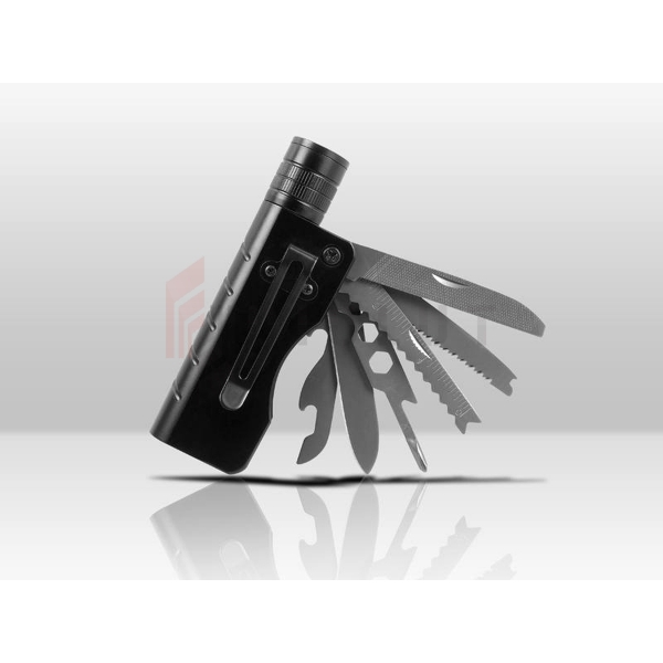 LTC XPE LED ručná baterka + multifunkčný vreckový nôž, dobíjacia batéria 18650, čierna.