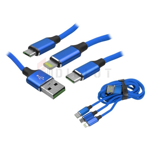 Kábel USB / Type-C / microUSB / Lightning, 3v1, QC 3,4A Somostel Powerline SMS-BW03, modrý.