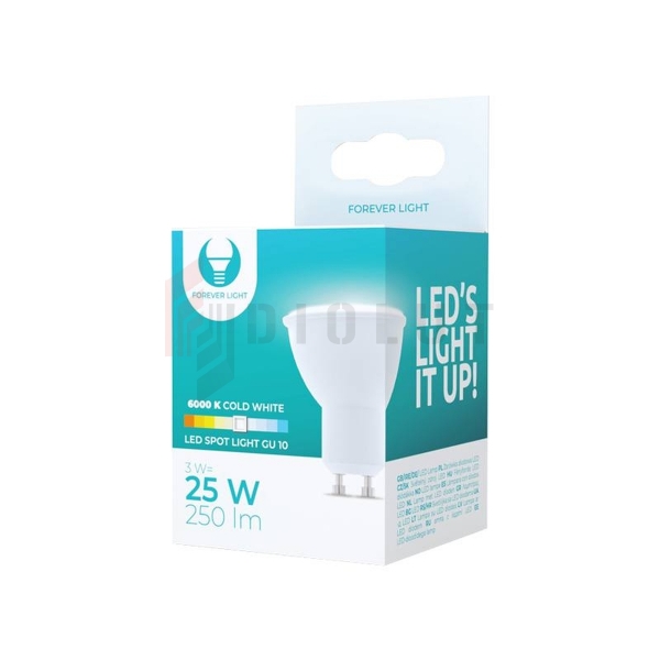 LED žiarovka GU10, 3 W, 230 V, 6000 K, Forever Light.