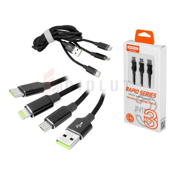 Somostel Powerline SMS-BW03 USB Type-C / micro USB / IPH kábel, 3v1, QC, 3,4 A, čierny.