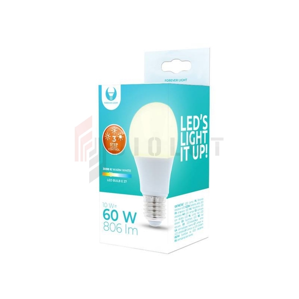 LED žiarovka Forever Light E27 A60 10W 230V 3000K 806lm 3-stupňové stmievanie.
