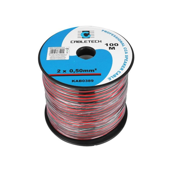 Reproduktorový kábel 2 x 0,50 CCA, čierny a červený.