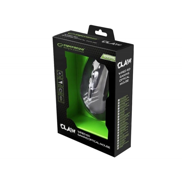 Káblová herná myš Esperanza Claw EGM209B LED 6D optická, zelená.