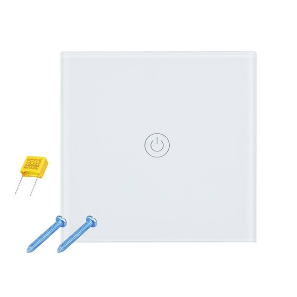 Dotykový prepínač svetiel, jeden sklenený panel, biely.