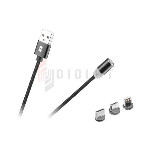 Magnetický USB kábel 3v1 microUSB, USB typ C, Lightning 100 cm čierny