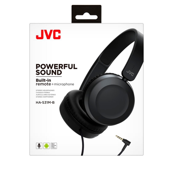 Káblové slúchadlá JVC HAS-31 BE na uši s diaľkovým ovládaním a mikrofónom čierne