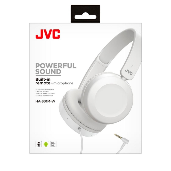 Káblové slúchadlá JVC HAS-31 WE na uši s diaľkovým ovládaním a mikrofónom biele