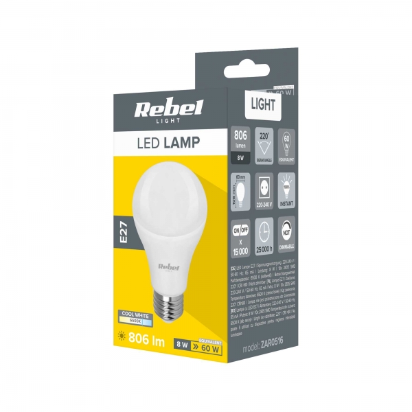 LED svietidlo Rebel A60 8W, E27, 6500K, 230V