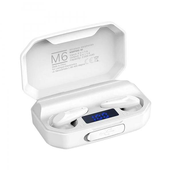 Kruger & Matz M6 bezdrôtové slúchadlá do uší s power bankou - biela farba