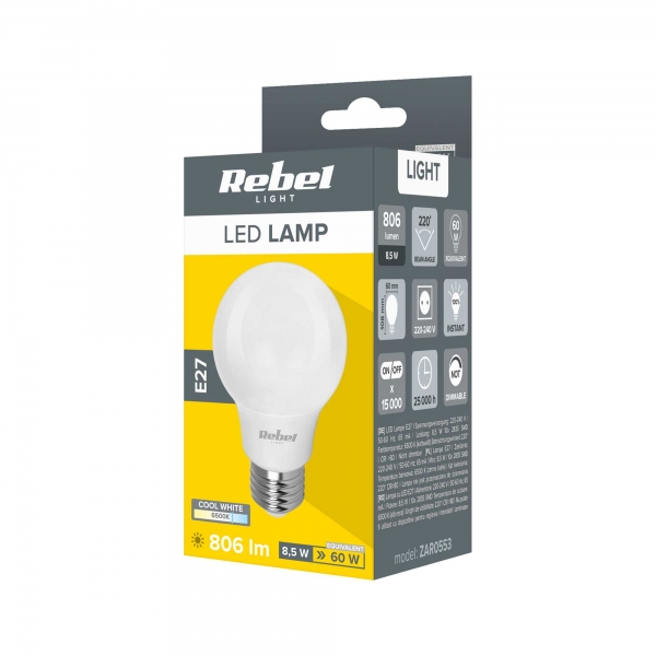 LED Rebel lampa A60  8.5W  6500K, 230V