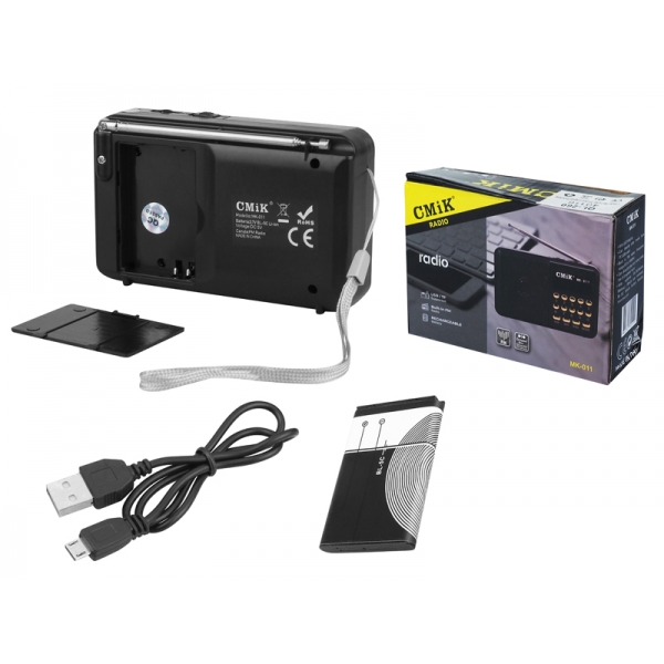 Displej prenosného rádia MK-011, USB, MicroSD, AUX s BL-5C batériou a Micro USB káblom, čierny.