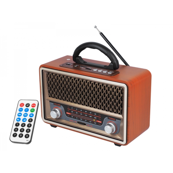 PS Prenosné rádio RETRO MK-197 Bluetoth, USB, TF karty, AUX, diaľkové ovládanie, vstavaná batéria hnedá-PLN