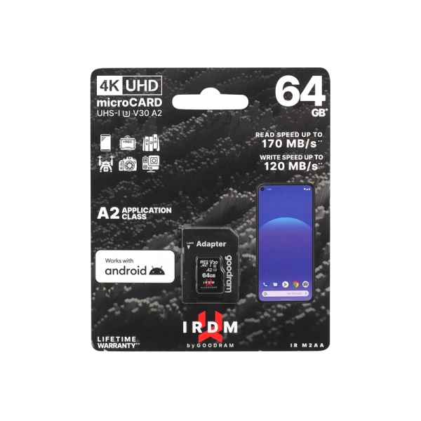 PS GOODRAM CARD Micro SD 64GB V30 A2 + adapt. IRDM UHS A U3.