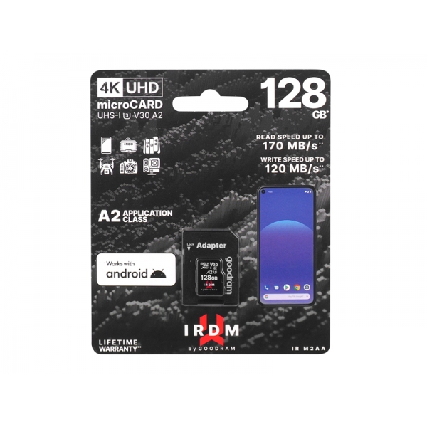 PS GOODRAM CARD Micro SD 128GB V30 A2 + adapt. IRDM UHS A U3.