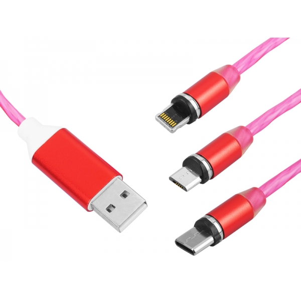 Magnetický USB kábel 3v1 červený KK21W LED podsvietenie (jasne červené).