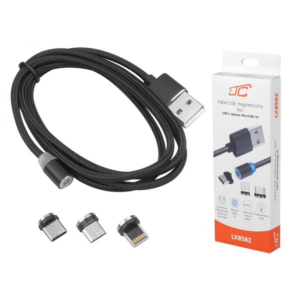Magnetický USB kábel 3v1 USB typ C, Iphone, Micro USB, 1m.