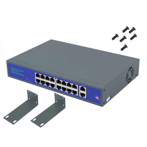 16-portový PoE 802.3af switch, 2 xUPLINK 1000Mbps vstavaný DC 52V napájací zdroj čipy Extend mode (250m)