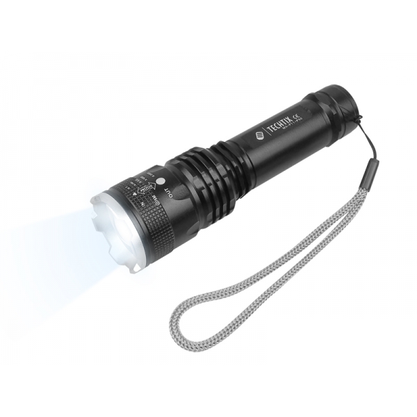 1-LED + COB ručná baterka biele svetlo + červené blikajúce ZOOM s batériou a MicroUsb BX káblom-