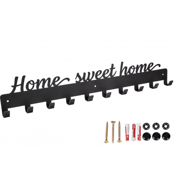Kovový vešiak na kľúče od oblečenia čierny matný nápis "Home sweet home"