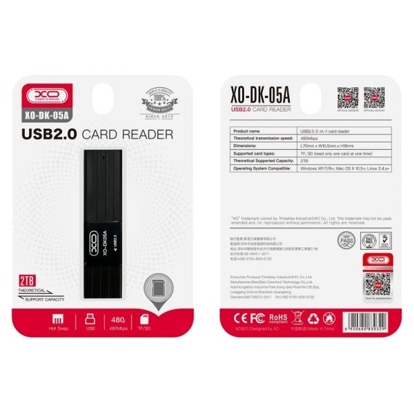 Čítačka kariet XO 2v1 DK05A USB 2.0 čierna