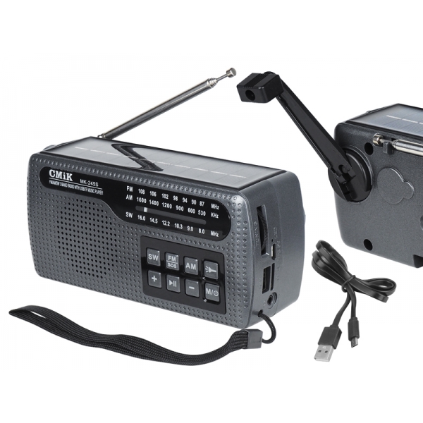 MK-245S mobilné kempingové rádio so solárnym panelom, kľukou,displejom,USB,MicroSD,AUX ,baterkou