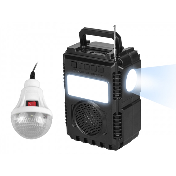 Solárny osvetľovací systém VR-566, Bluetooth reproduktor,FM,TF ,USB, 1-LED+COB baterka, 8-LED žiarovka s káblom