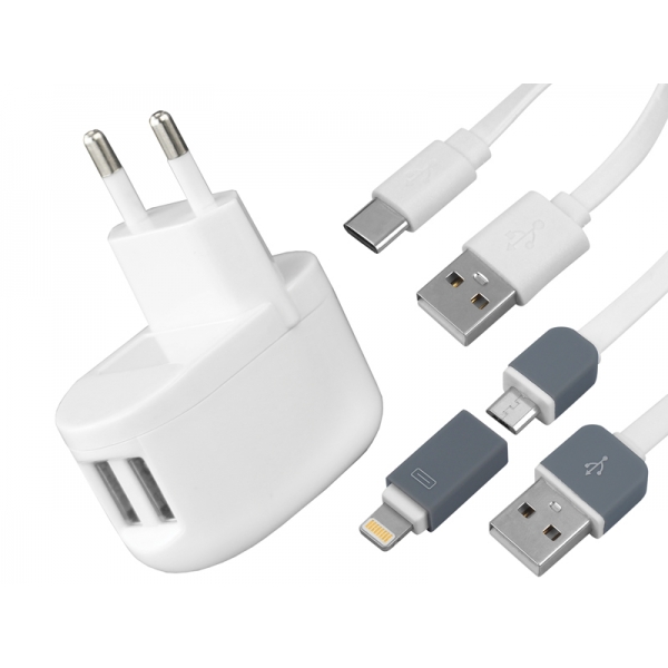 Sada: 2x USB 2A nabíjačka + USB-C kábel + Micro USB/Iphone kábel