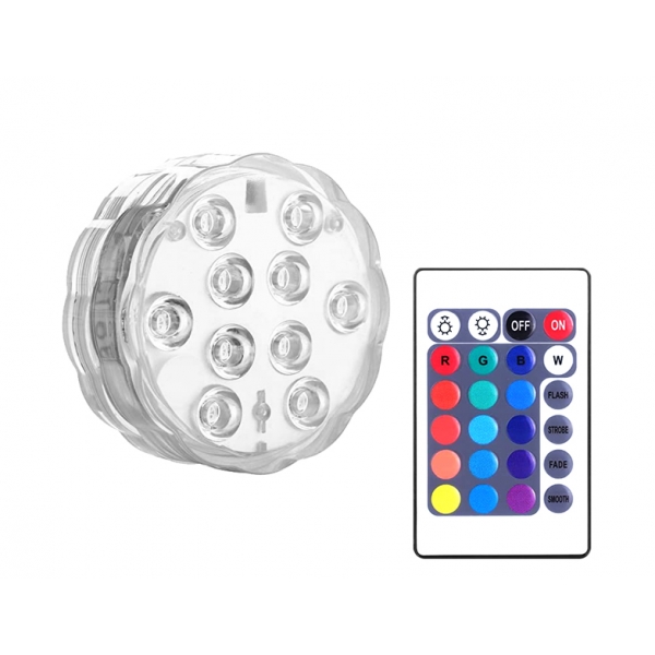 10-LED RGB VODOTESNÁ BEZDRÔTOVÁ IP68 LAMPA s diaľkovým ovládaním, 3xAAA (VÍRIVKA,BAZÉN)