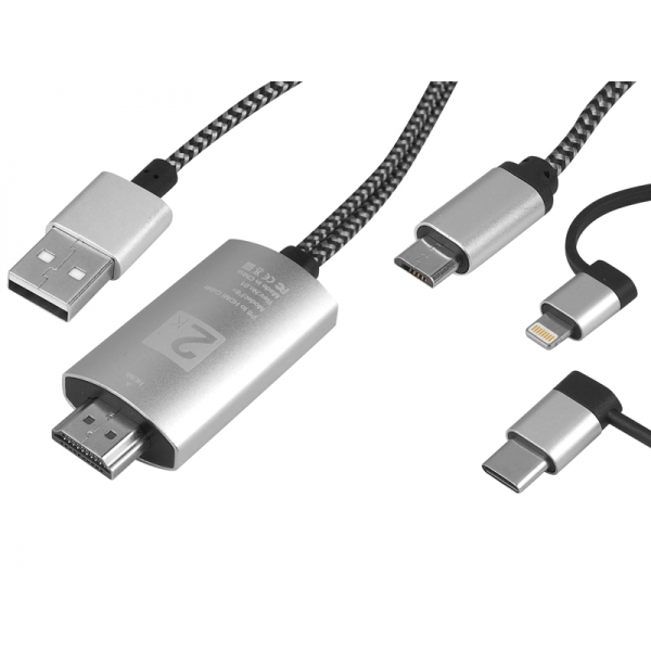 MHL 3v1 USB-C kábel,Micro USB,osvetlenie opletené 2m