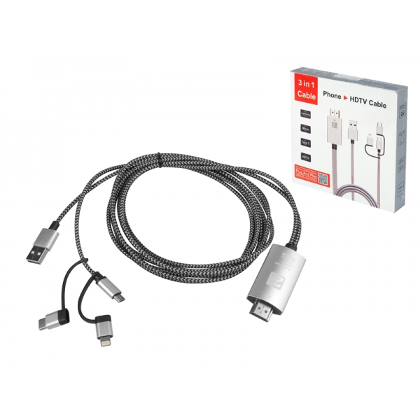 MHL 3v1 USB-C kábel,Micro USB,osvetlenie opletené 2m