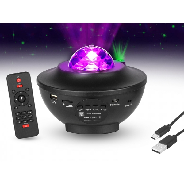 Guľa, RGB LED projektor s bluetooth, vstavaný reproduktor, zvukový senzor, diaľkové ovládanie.