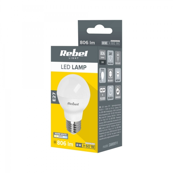 LED Rebel lampa G45 8W E27,  3000K, 230V
